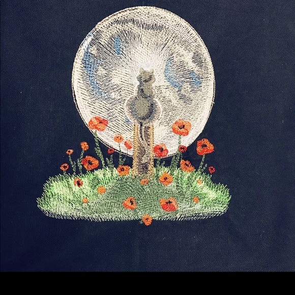 Hand Crafted Handbags - Handmade and embroidered Moonlit Kitty tote